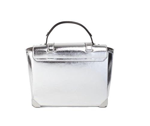 Michael Kors Manhattan Medium Contrast-Trim Leather Satchel, Metallic Silver