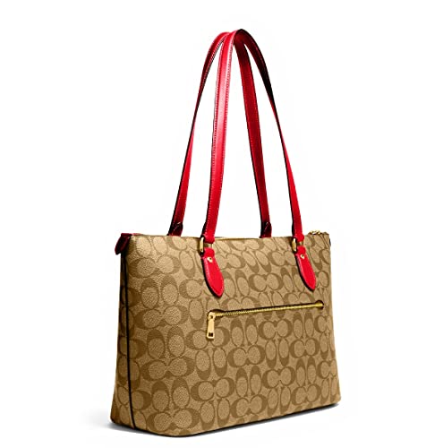 COACH Women's Gallery Tote in Signature Canvas, Khaki - Electric Red