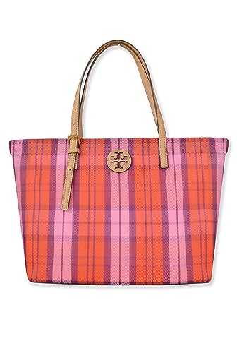 Tory Burch Womens 146732 Emerson Gold-Tone Hardware Mesh Woven E/W Market Tote Bag,, 650 Pink/Red Plaid