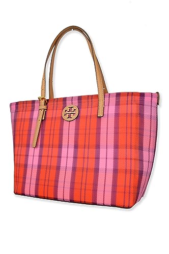 Tory Burch Womens 146732 Emerson Gold-Tone Hardware Mesh Woven E/W Market Tote Bag,, 650 Pink/Red Plaid