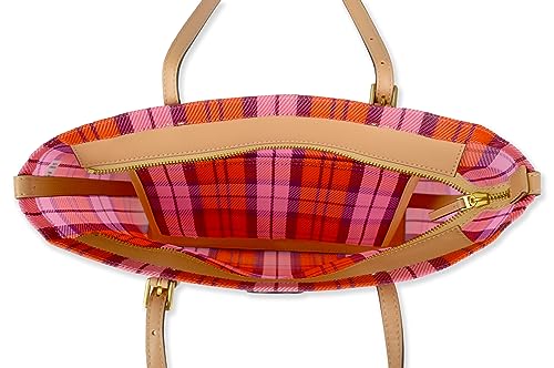 Tory Burch Womens 146732 Emerson Gold-Tone Hardware Mesh Woven E/W Market Tote Bag,, 650 Pink/Red Plaid