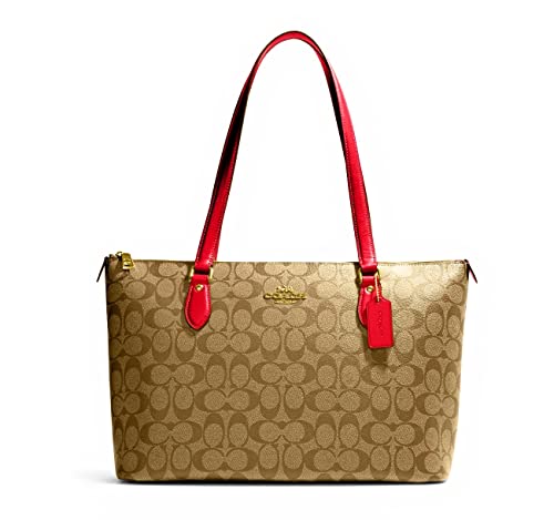 COACH Women's Gallery Tote in Signature Canvas, Khaki - Electric Red