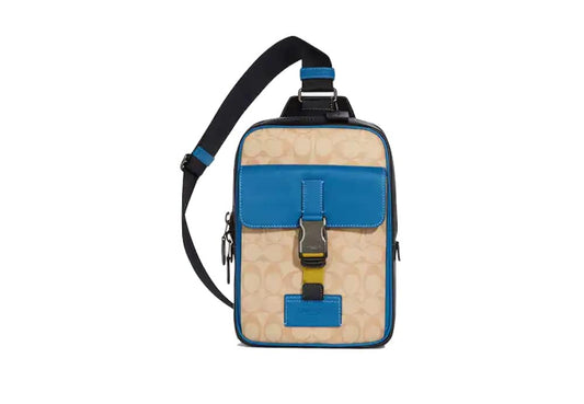 COACH Track Pack Fashion Daypack In Signature Canvas Leather, Light Khaki Blue Jay Multi