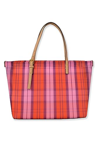 Tory Burch Womens 146732 Emerson Gold-Tone Hardware Mesh Woven E/W Market Tote Bag,, 650 Pink/Red Plaid