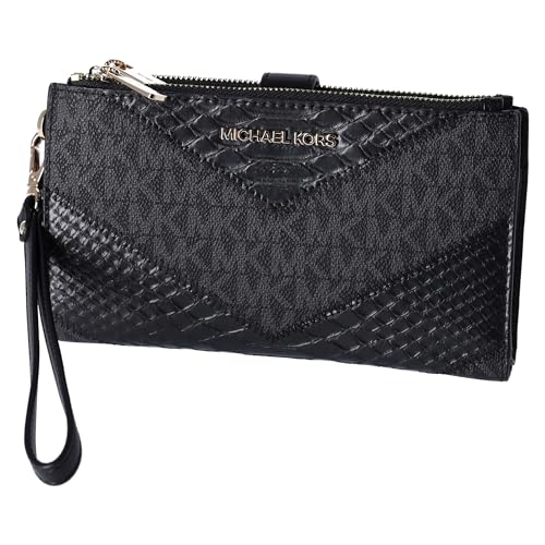 Michael Kors Jet Set Travel Large Double Zip Wallet MK Signature Multi Python Design, Black