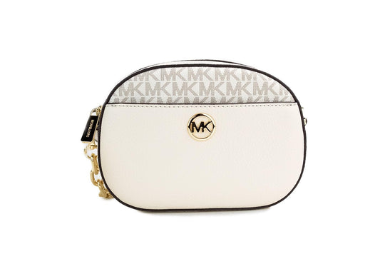 Jet Set Glam Light Cream Leather Oval Crossbody Bag Purse