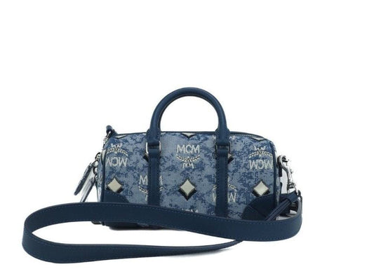 MCM Women's Blue Double Handle Logo Single Strap Crossbody Handbag Purse