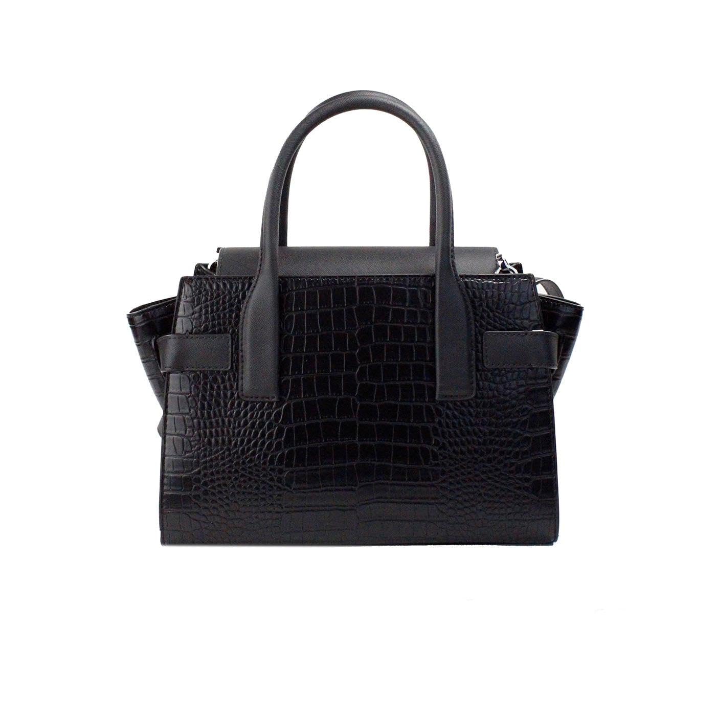 Michael Kors Carmen Medium Crocodile Embossed Belted Satchel Black, Black