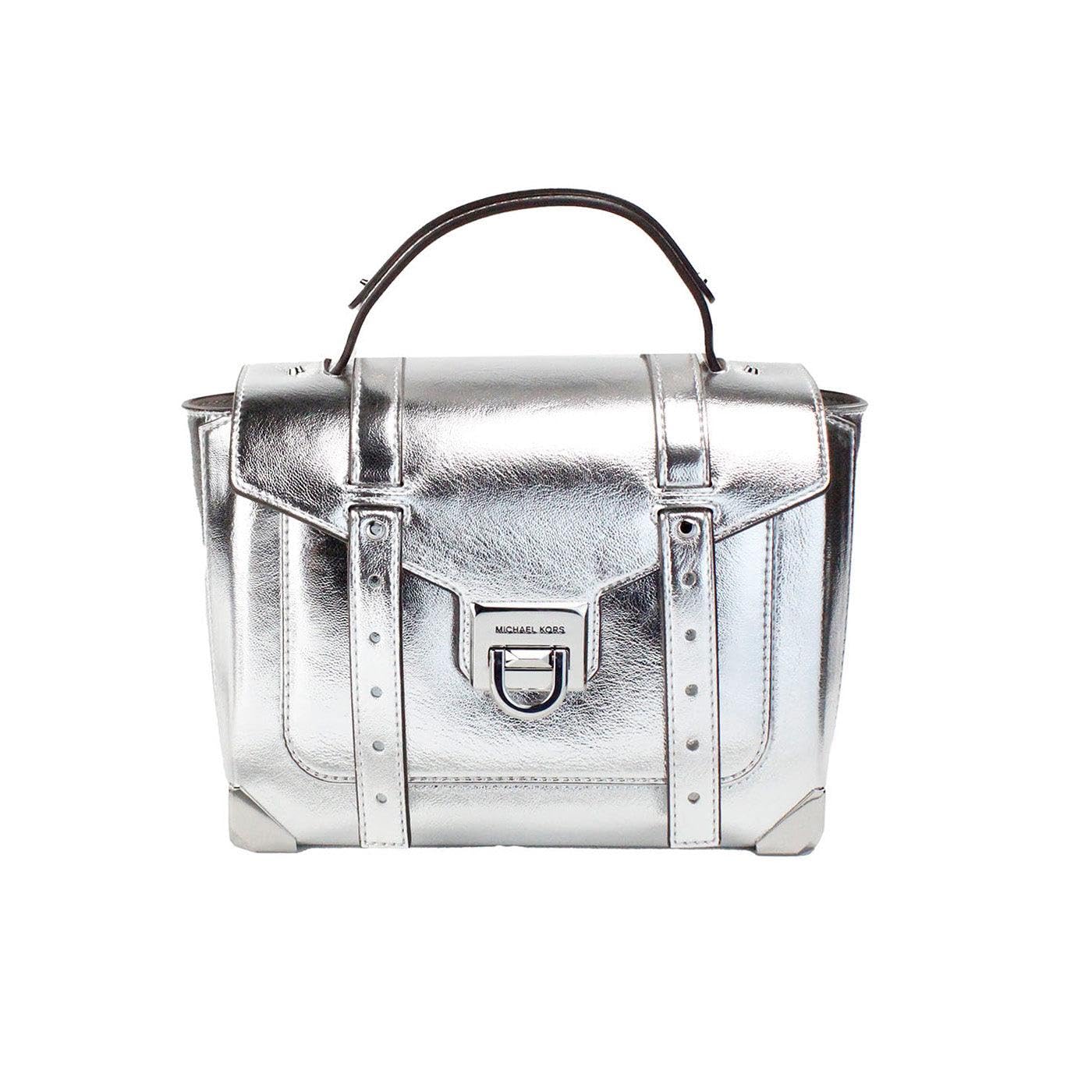 Michael Kors Manhattan Medium Contrast-Trim Leather Satchel, Metallic Silver