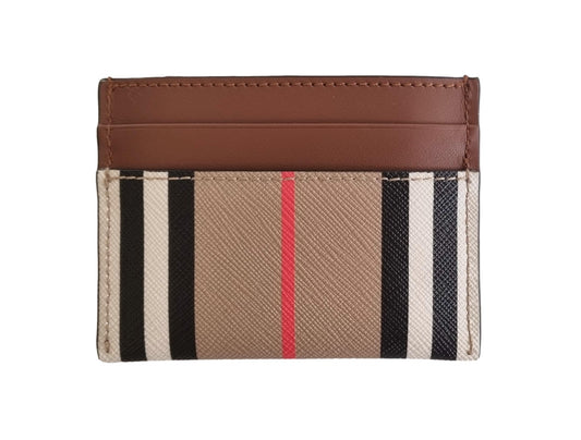 BURBERRY 80730701 Checkered Unisex Waxed Fabric and Leather Card Holder, beige, Classic