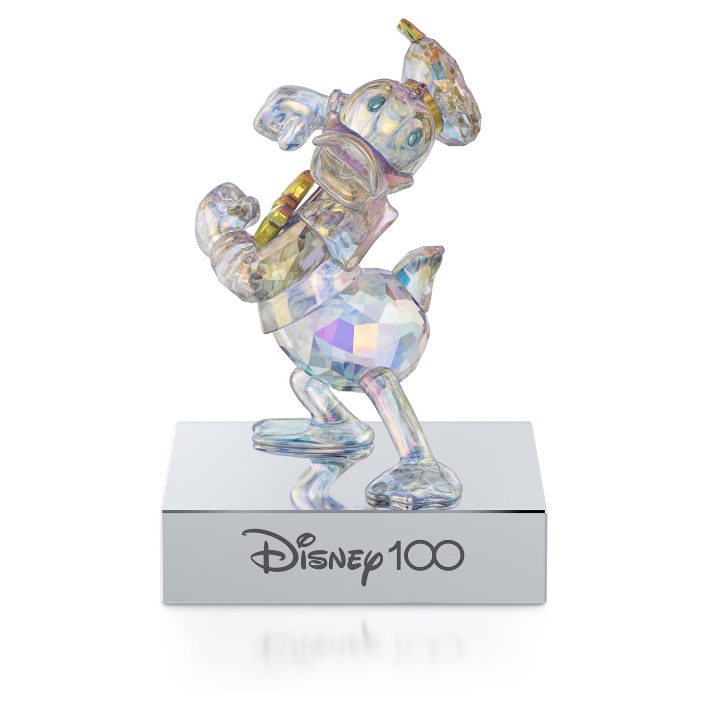 Swarovski Disney100 Donald Duck Figurine, Aurora Borealis Colour-Effect Crystal with Blue and Yellow Accents, Chrome Finished Metal and Black Velvet Base, from the Disney100 Collection