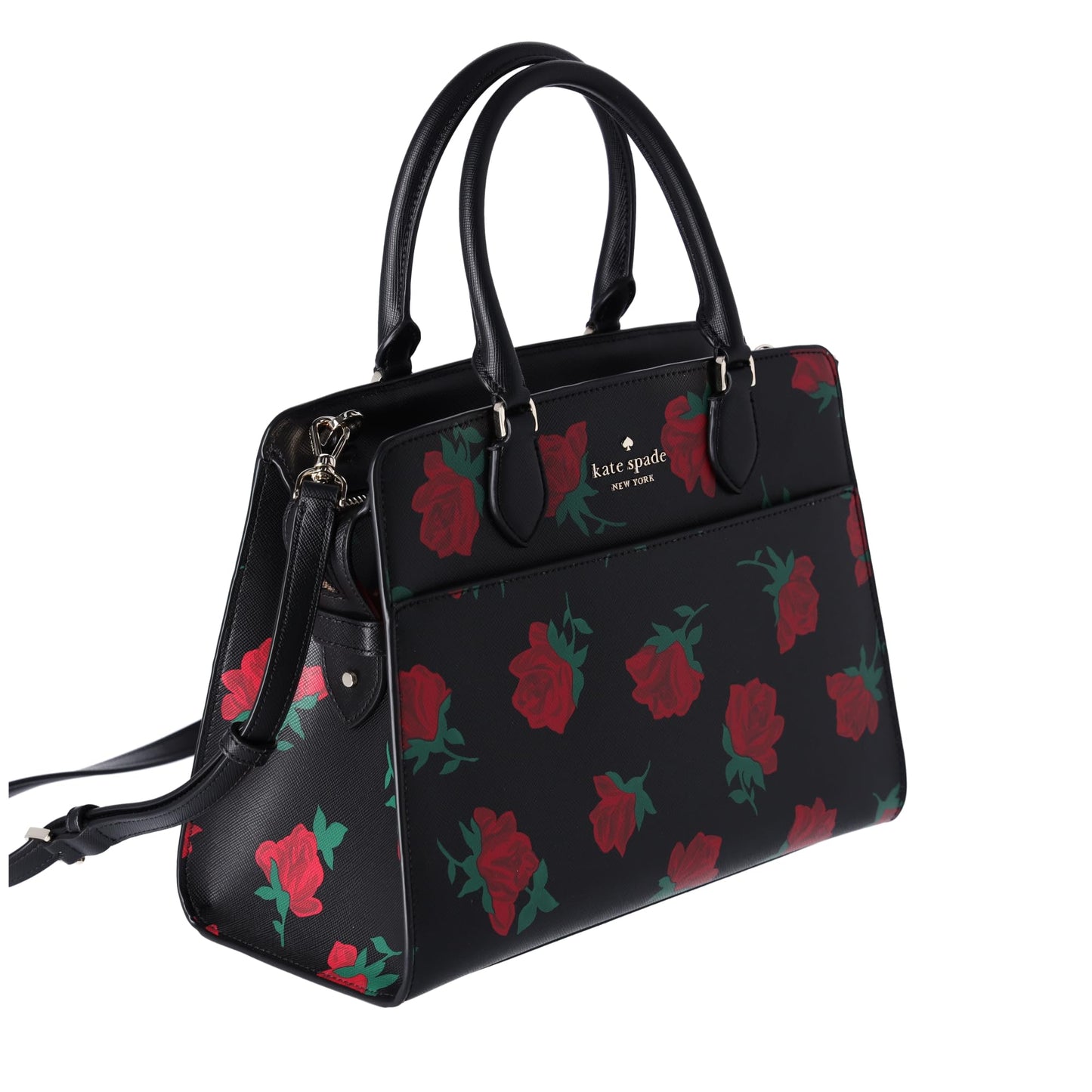 Kate Spade New York Madison Rose Toss Printed Medium Satchel Black Res, Black, Red