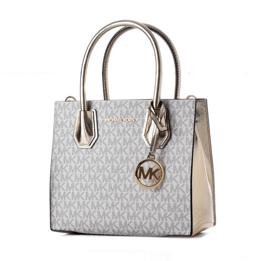 Michael Kors Mercer Small Vanilla MK Signature Messenger Satchel Bag Pale Gold, Pale Gold Multi