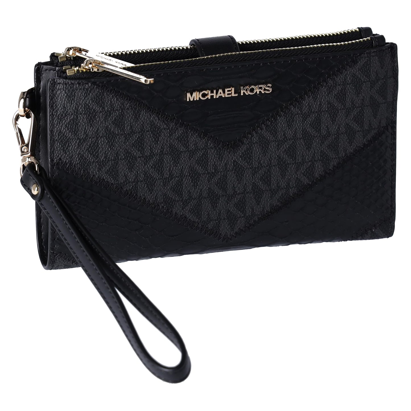 Michael Kors Jet Set Travel Large Double Zip Wallet MK Signature Multi Python Design, Black