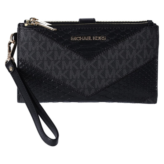 Michael Kors Jet Set Travel Large Double Zip Wallet MK Signature Multi Python Design, Black