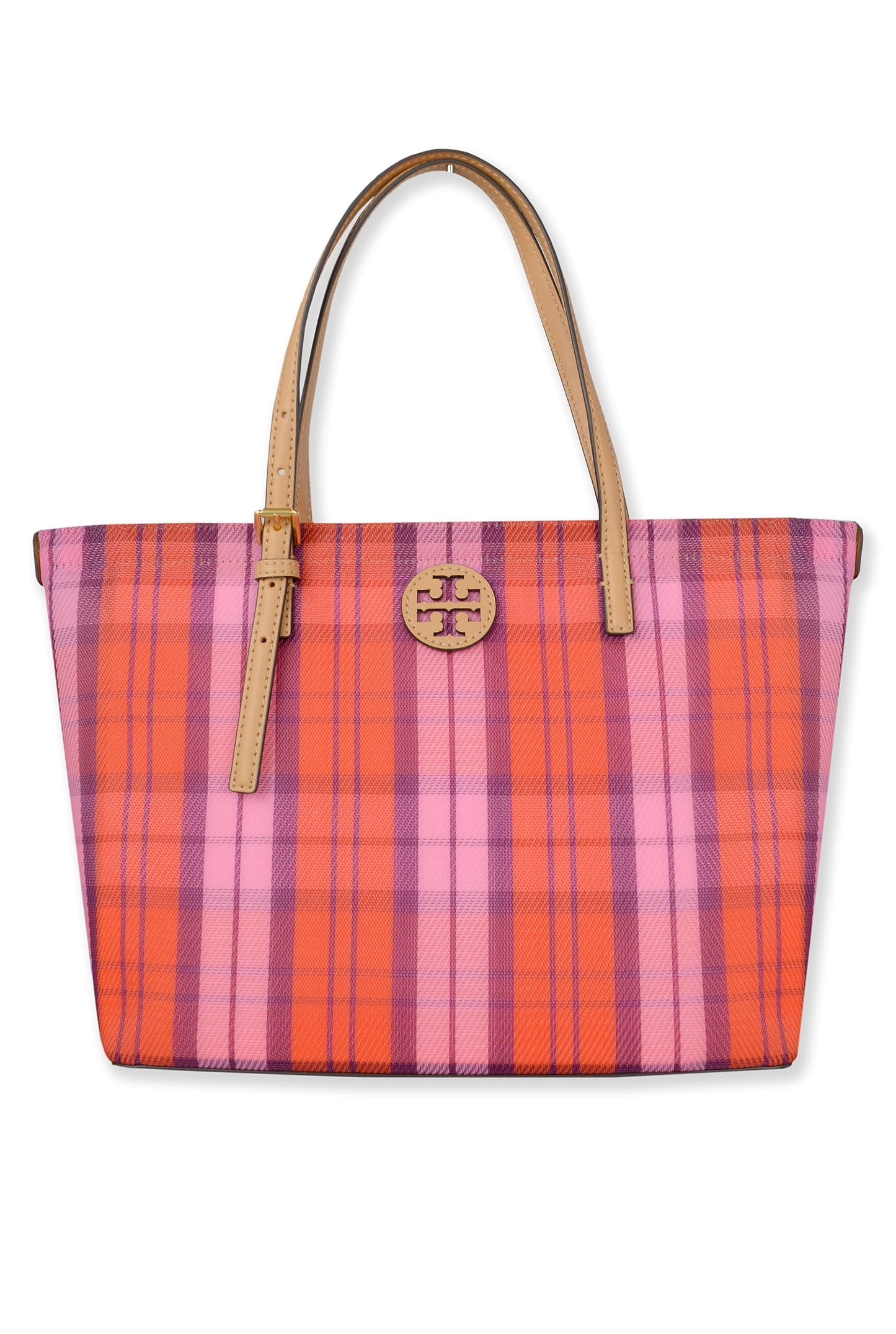 Tory Burch Womens 146732 Emerson Gold-Tone Hardware Mesh Woven E/W Market Tote Bag,, 650 Pink/Red Plaid