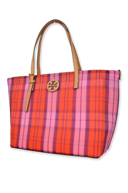 Tory Burch Womens 146732 Emerson Gold-Tone Hardware Mesh Woven E/W Market Tote Bag,, 650 Pink/Red Plaid