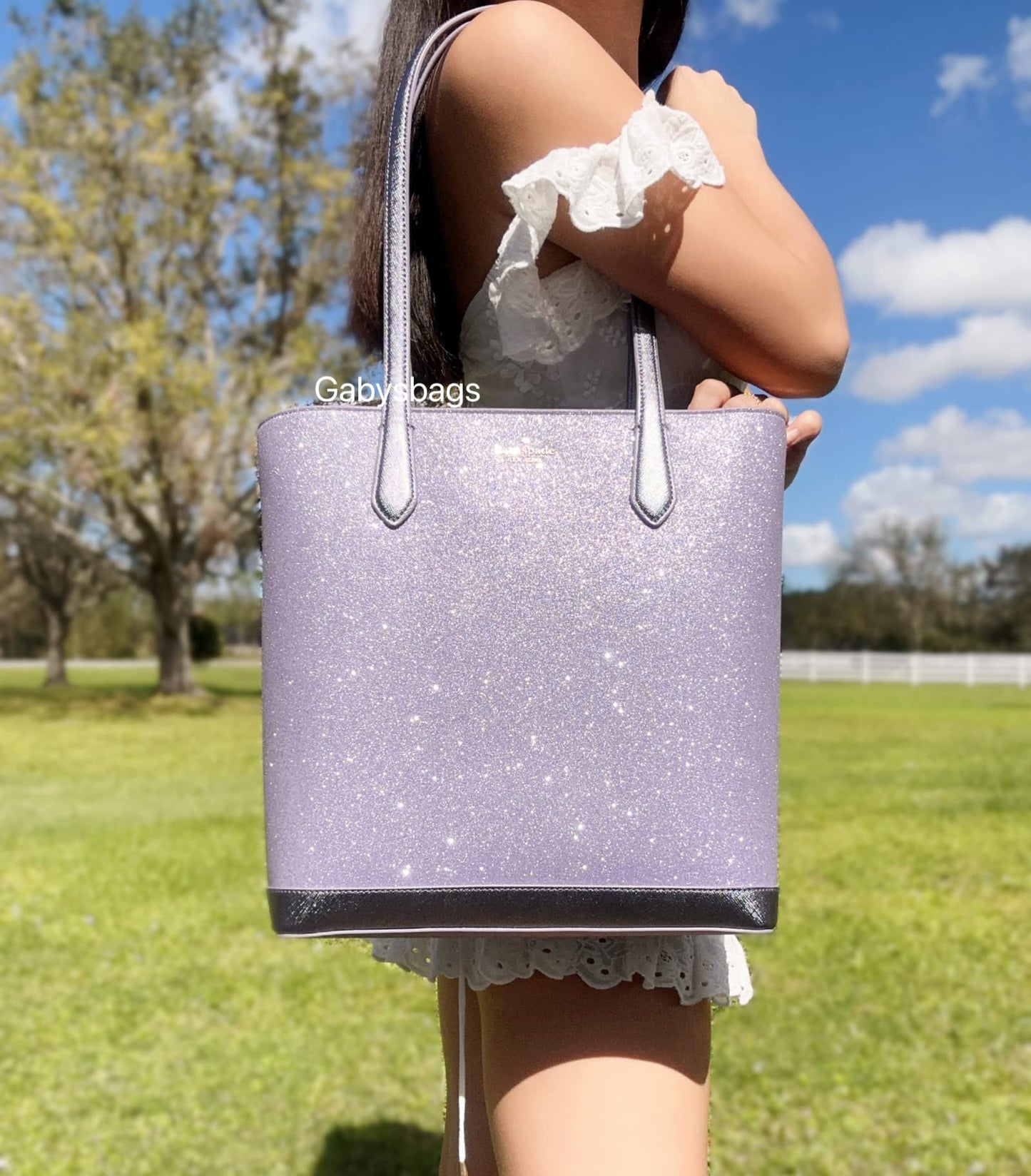 kate spade Tinsel Glitter Shoulder Tote Bag Handbag Holiday Collection 2022, Lilac Frost